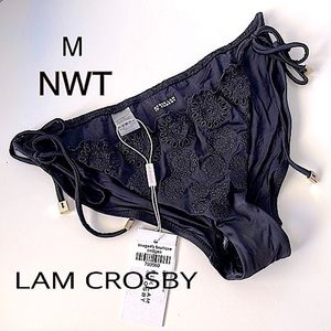 NWT(M) 10 CROSBY DEREK LAM black bikini string tie gold hardware lace ruffle